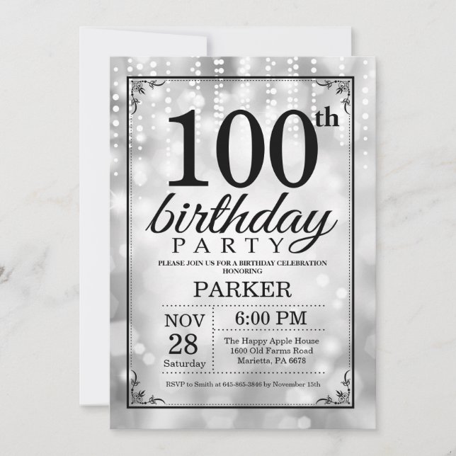 100th Birthday Invitation Silver Glitter (Front)