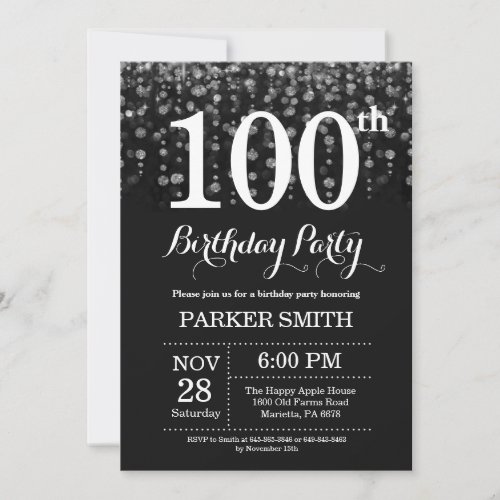 100th Birthday Invitation Silver Glitter