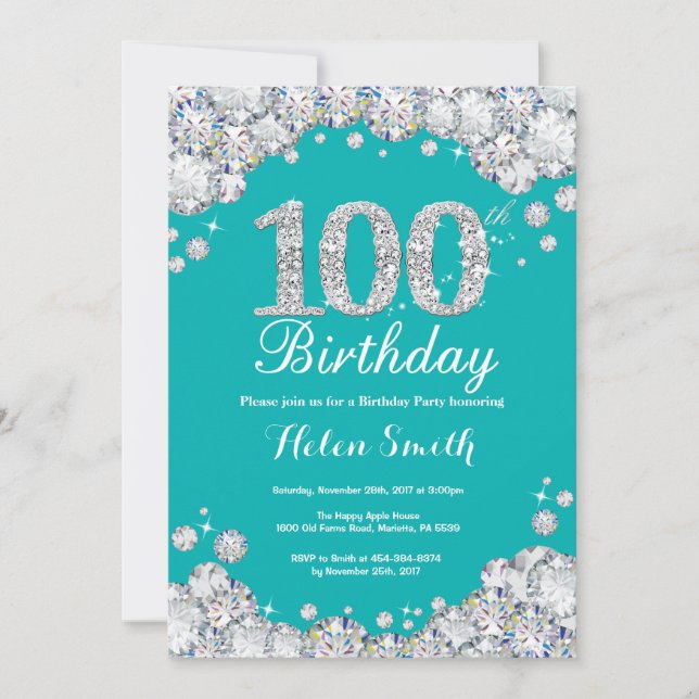 100th Birthday Invitation Teal and Silver Diamond (Front)