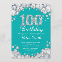 100th Birthday Invitation Teal and Silver Diamond