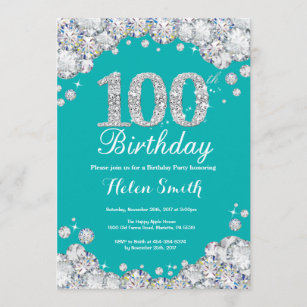 100th Birthday Invitation Teal and Silver Diamond