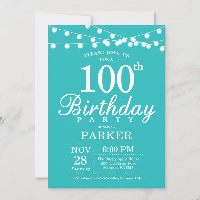 100th Birthday Invitation Teal Aqua Turquoise (Front)