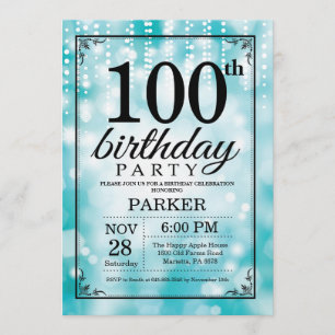 100th Birthday Invitation Teal Glitter