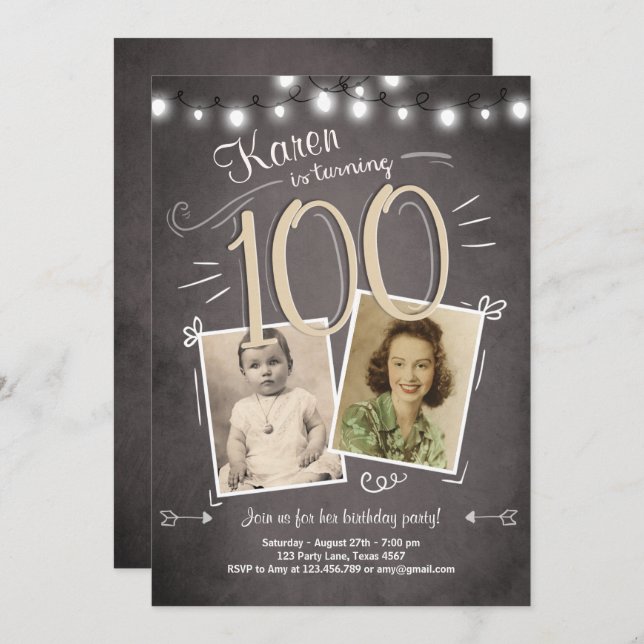 100th Birthday Invitation Vintage Hundred Birthday (Front/Back)
