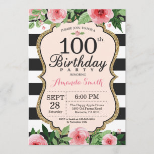 100th Birthday Invitation Women. Floral Gold Black