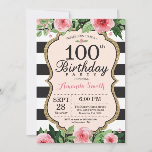 100th Birthday Invitation Women Floral Gold Black