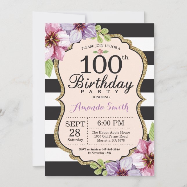 100th Birthday Invitation Women. Floral Gold Black (Front)