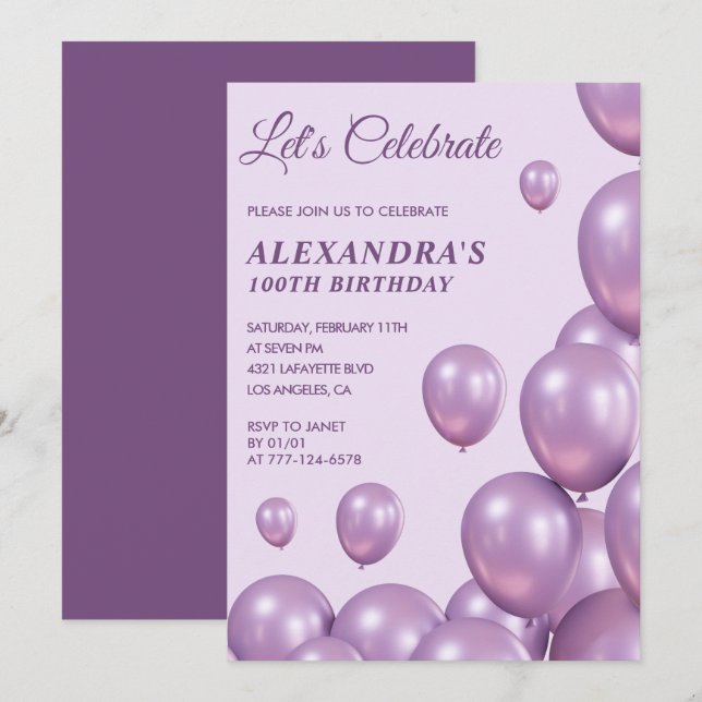100th birthday invitations Balloons Chic Purple (Front/Back)