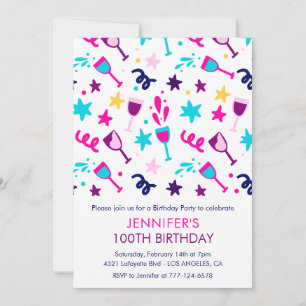100th birthday invitations Cocktail Modern Pink