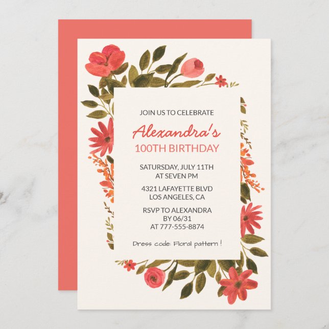 100th birthday invitations Floral Boho Elegant (Front/Back)