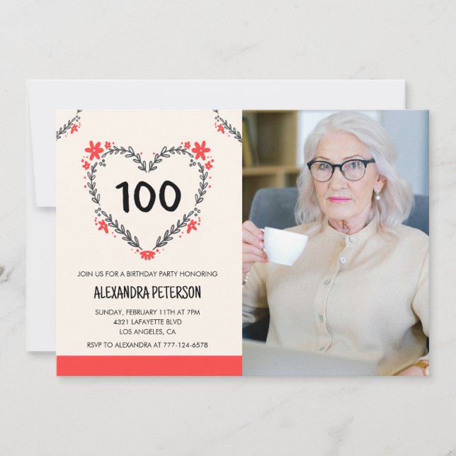 100th birthday invitations for her Floral Heart (Front)