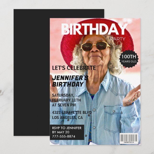 100th birthday invitations for her Magazine Cover (Front/Back)