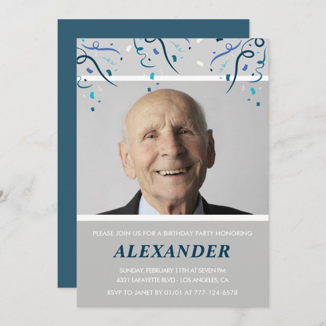 100th birthday invitations Men Confetti Photo Navy (Front/Back)