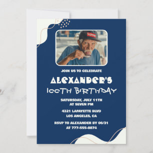 100th birthday invitations Men Photo Simple Navy 