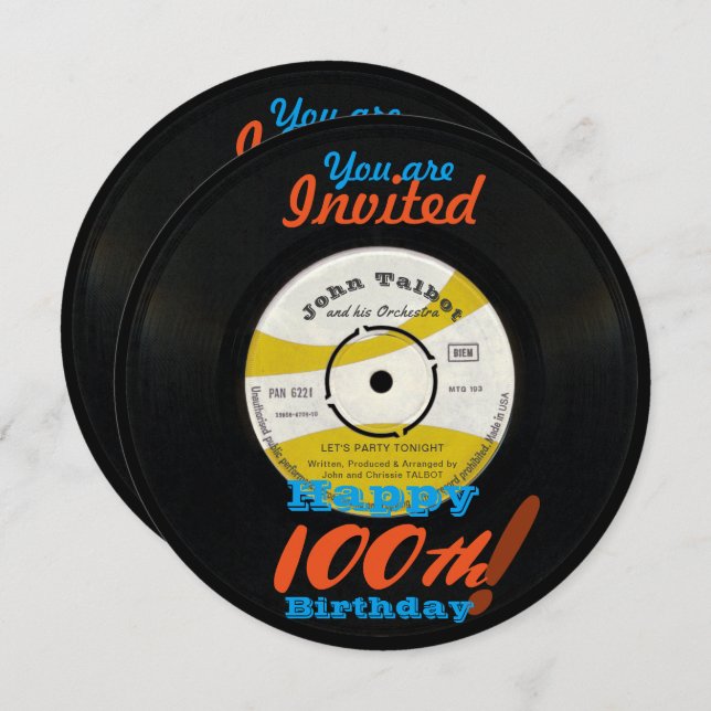 100th Birthday Invite Retro Vinyl Record 45 RPM (Front/Back)