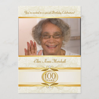 100th Birthday - Ivory Damask Photo Invitation