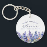 100th Birthday July Birth Flower Gift Custom Keychain<br><div class="desc">Elegant summer watercolor blue larkspur flowers create a beautiful floral border at the bottom of this July Birth Flower gift. Larkspur or delphinium flowers are the July birth flower. A trendy font combination gives it a modern aesthetic. All of the text is editable.</div>