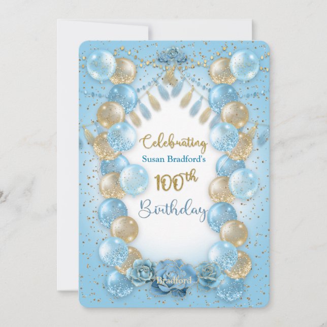 100th Birthday Ladies Blue Gold Balloons Design Invitation (Front)
