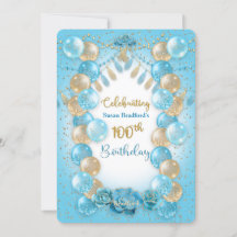 100th Birthday Ladies Blue Gold Balloons Design