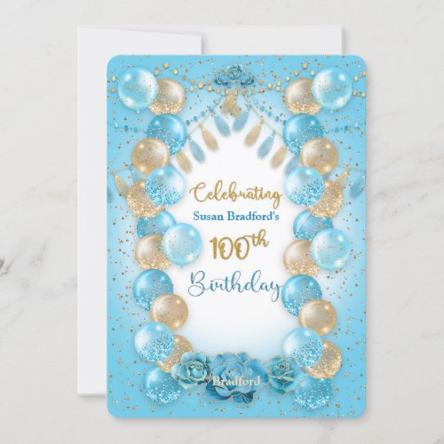 100th Birthday Ladies Blue Gold Balloons Design Invitation