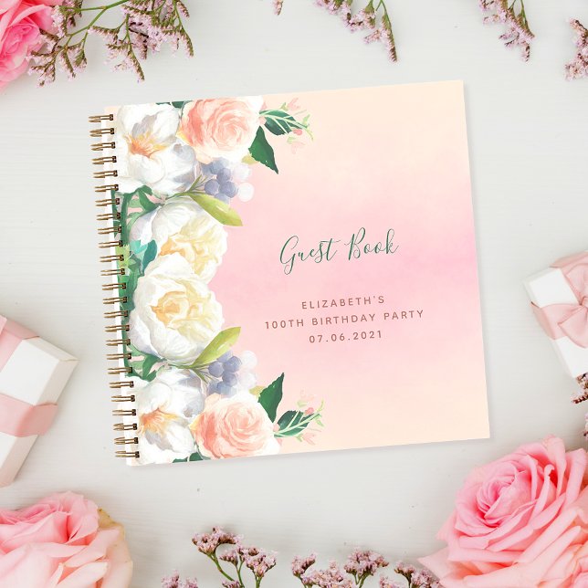 100th birthday lush florals white peach Guest Book (Creator Uploaded)