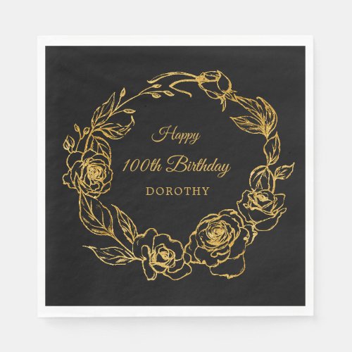 100th Birthday Luxe Gold Rose Black Napkins