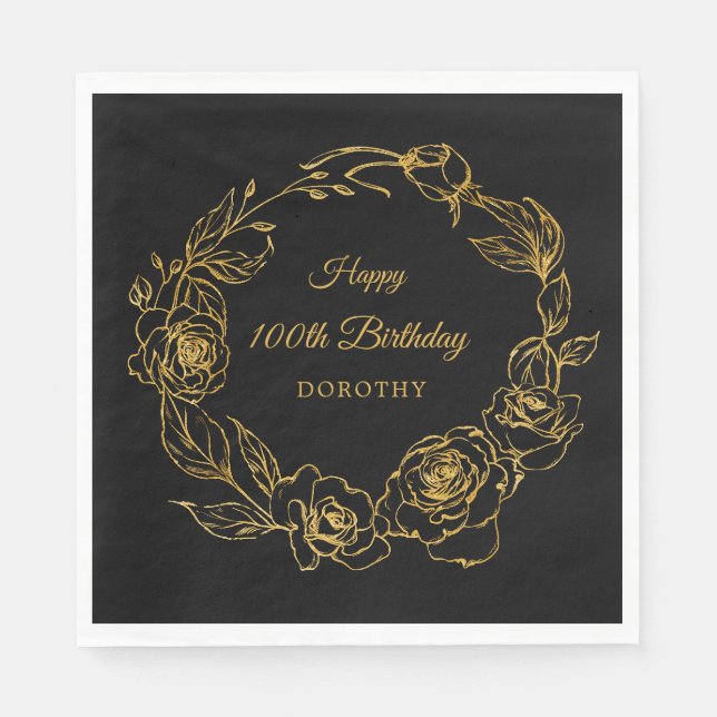 100th Birthday Luxe Gold Rose Black Napkins (Front)