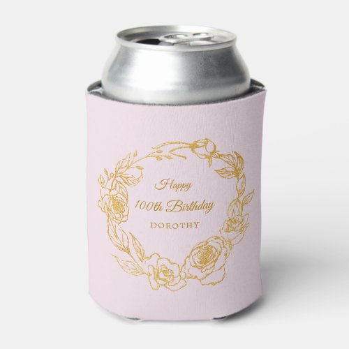 100th Birthday Luxe Gold Rose Blush Pink Can Cooler
