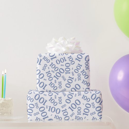 100th Birthday Medium Blue Number Pattern 100 Wrapping Paper