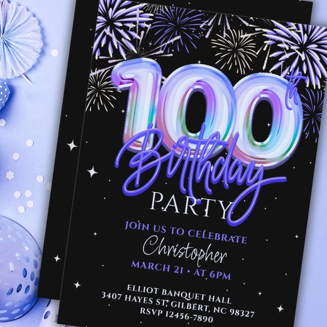 100th Birthday Mens Blue Fireworks Foil Balloon  Invitation (Creator Uploaded)