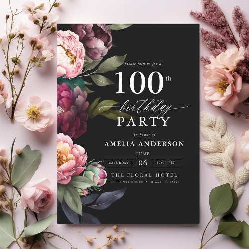 100th Birthday Modern Moody Burgundy Blush Floral