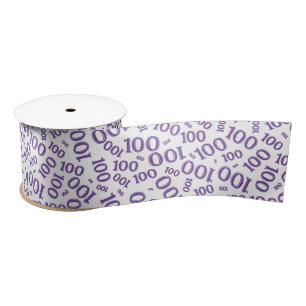 100th Birthday Modern Number Pattern Purple/White Satin Ribbon