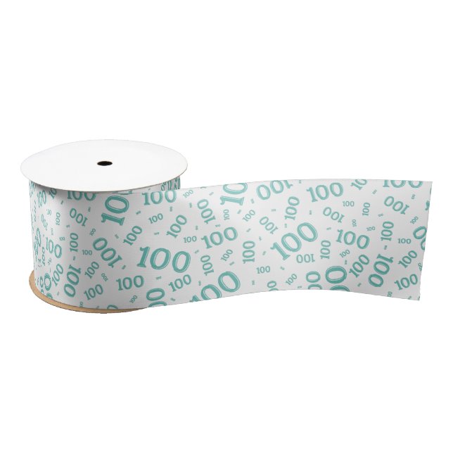 100th Birthday Modern Number Pattern Teal/White Satin Ribbon (Spool)