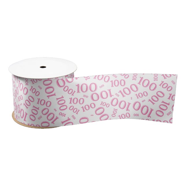100th Birthday Modern Number Pattern White/Pink Satin Ribbon (Spool)