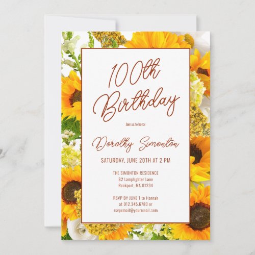 100th Birthday Modern Sunflower Floral Invitation