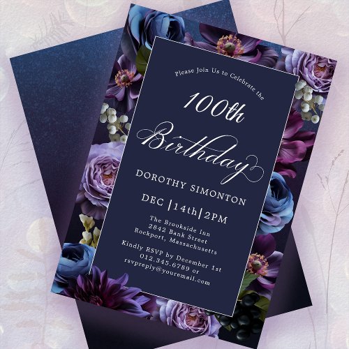 100th Birthday Moody Purple Flower Invitation