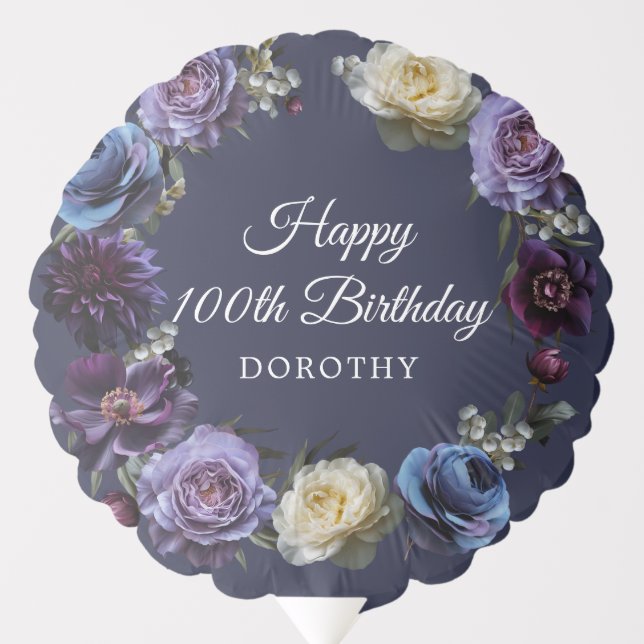 100th Birthday Moody Purple Flower Personalized Balloon (Front)