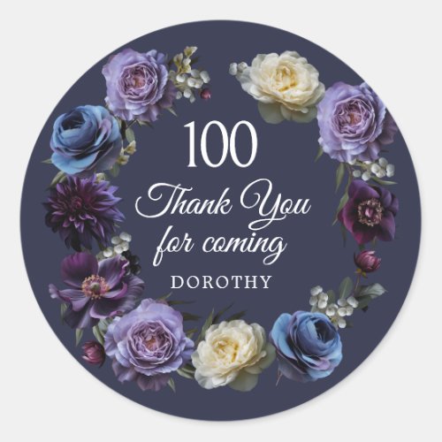 100th Birthday Moody Purple Flower Thank You Favor Classic Round Sticker