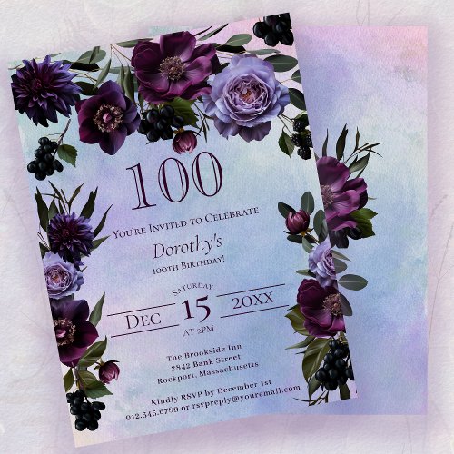 100th Birthday Moody Purple Gothic Flower Invitation