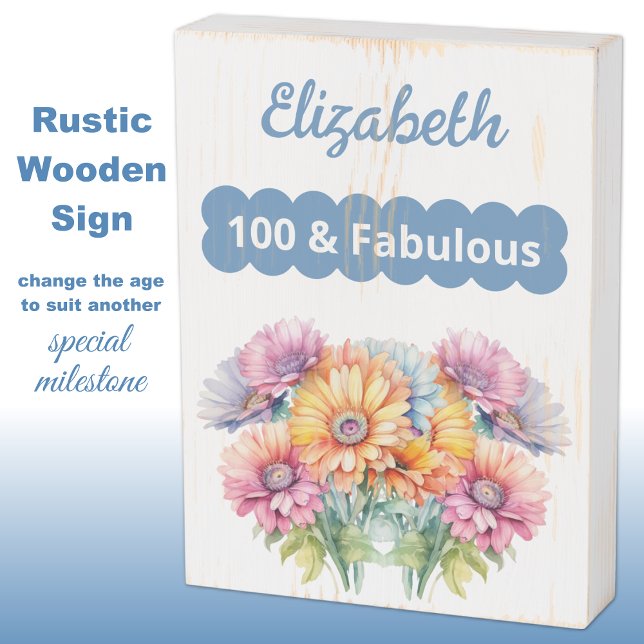 100th birthday name gerbera flowers blue wooden box sign (Creator Uploaded)