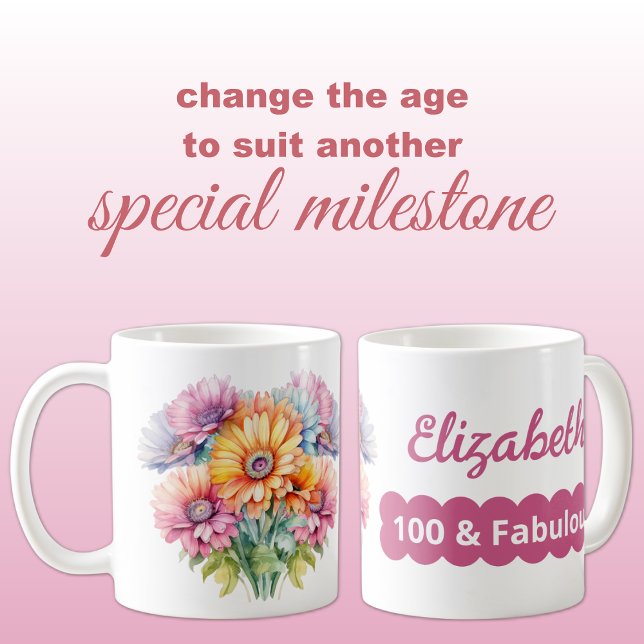 100th birthday name gerbera flowers pink coffee mug (Creator Uploaded)