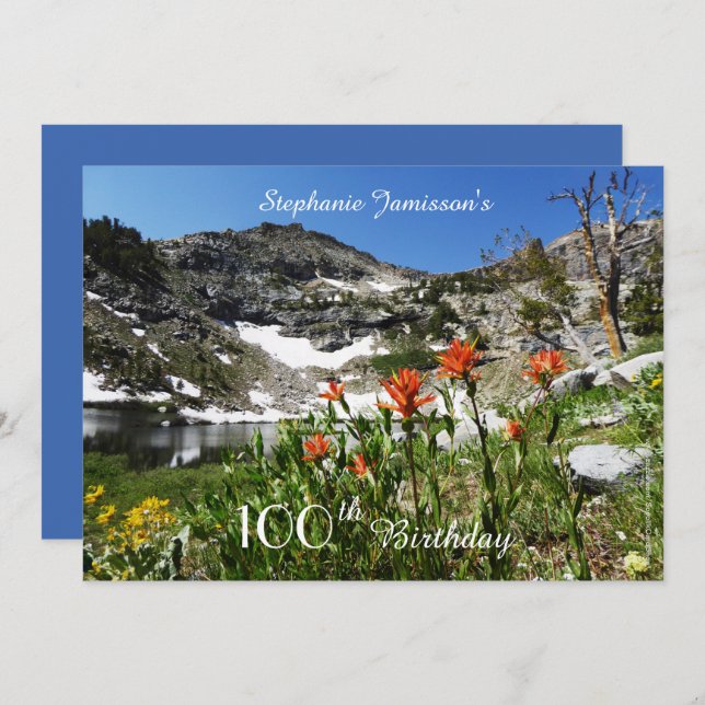 100th Birthday, Name, Mountains, Wildflowers Invitation (Front/Back)