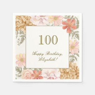 100th Birthday Napkin Autumn Color Floral Ivory