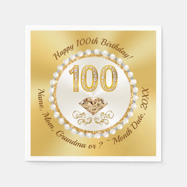 100th Birthday Napkins, 100th birthday serviettes Napkins (Front)