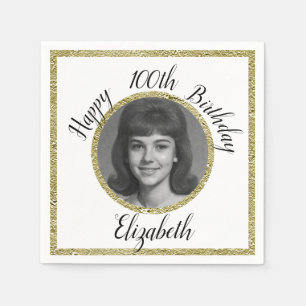 100th Birthday Napkins Custom Photo White Gold 