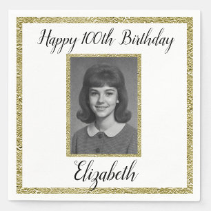 100th Birthday Napkins Custom Photo White Gold 