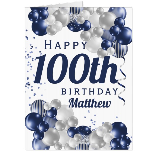 100th Birthday Navy Balloons Oversized Card (Front)