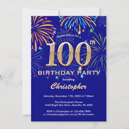 100th Birthday Navy Blu and Gold Rainbow Fireworks Invitation