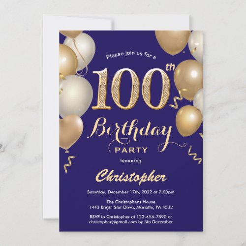 100th Birthday Navy Blue and Gold Balloon Confetti Invitation