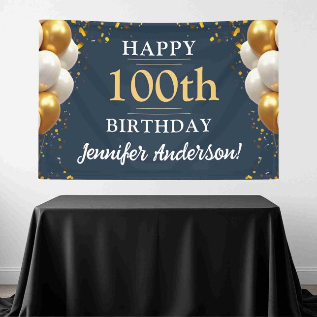 100th Birthday Navy Blue and Gold Celebration Banner (Creator Uploaded)